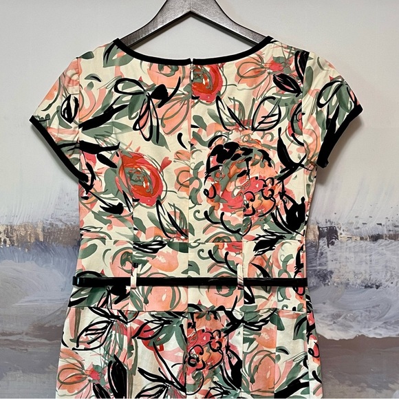MADISON LEIGH Abstract Floral Sheath Dress Size 6 Belted Midi Stretch Cap Sleeve - Picture 9 of 13